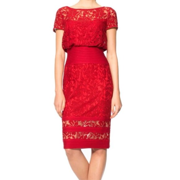 Tadashi Shoji Red Blouson Waist Sheer Embroidered Lace Dress Sz 12 Holiday - Picture 1 of 13